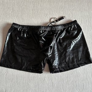 Wet Look Pants Black Shiny Shorts Sexy Shorts with Front Bulge Black Elastic Boxer Trunks with Ring