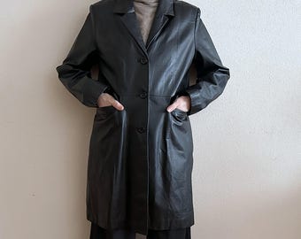 Vintage Black Leather Coat Cowhide Trench Style WE Brand Minimalist Long Jacket Size EU 44 / UK 18