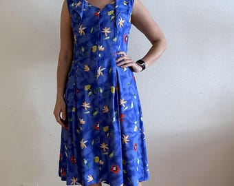 Vintage Women Dress Blue Summer Dress Button up Long Dress Floral Sleeveless Dress Boho Hippie Romantic