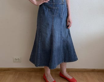 Vintage Denim Midi Rock A-Line Panel Jeans Rock Hohe Taille Blauer Jeansrock Y2K 90s Style Damen Rock Größe 44
