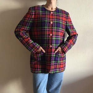 Women&#39;s Jacket Plaid Vintage Jacket Purple Red Green Pink Plaid Blazer Women Jacket Wool Blend Checked Long Sleeve Blazer Large Size