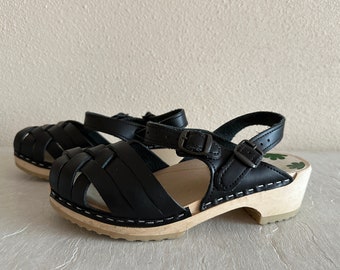 Swedish Clogs Women Shoes Black Wooden Clogs Leather Shoes Eco friendly Wooden Sandals Made in Sweden 36 Size
