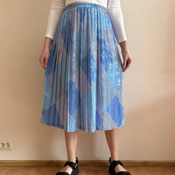 Vintage 80's Skirt Sky Blue Abstract Print Skirts Accordion Pleated Blue Color Block Skirt Midi Elastic Waist