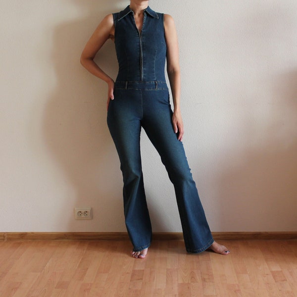 Combinaison vintage Denim Jumpsuit Sleeveless One Piece Romper Pants Blue Jean Salopette Pantalon Taille Petite Taille