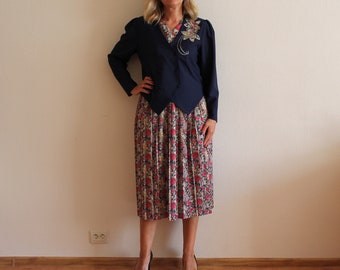 Vintage Suit Two Piece Skirt Suit Dark Blue Flower Accordion Pleated Skirt and Jacket Medium  Size