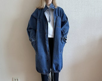 Vintage Denim Trench Coat Women's Denim Coat Blue Jean Coat Oversized Trench Coat Long Jacket Extra Large Size