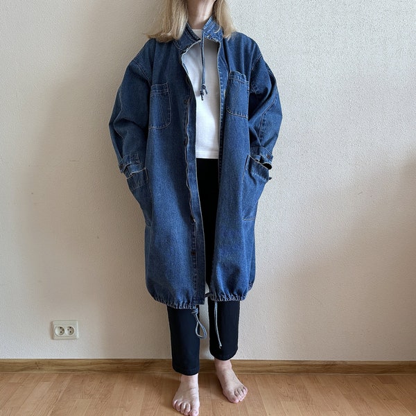 Trench-coat en jean vintage pour femme Manteau en jean bleu Trench-coat surdimensionné Veste longue très grande taille