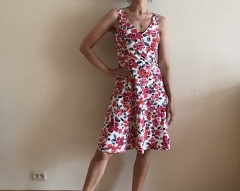 Robe d’été vintage Flower Print Sleeveless Dress V Neck Midi Flower Print Knee Length Cotton Blend Medium Size