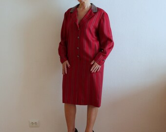 Vintage Dress 1980s Dress Red Dress Long Sleeves Dress Red Striped Button up Midi Dress Secretary Dress Large Size