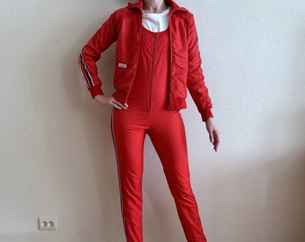 Vintage LEIJONA Sport Tracksuit Red Retro Sportswear Track Jacket Overalls Bib Dungarees Made in Finland