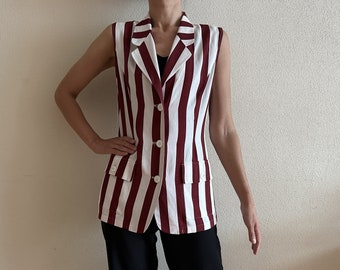 Choice by Steilmann Vintage Blouse White Red Striped Vest Sleeveless Women Summer Shirt