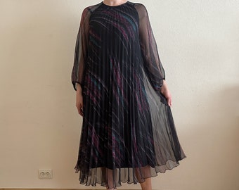 Chiffon Dress Accordion Pleated Thin Material Vintage Dress 1970s Dress Black Dress Long Sleeves A Line Dress Made in France