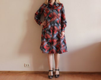 Vintage Dress 1980s Dress Black Red Gray Dress Long Sleeves Dress Abstract Print Button up Lined Midi Dress Secretary Dress