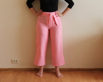 Linen Pants Pink Capris Pink Linen Capris Summer Pants Vintage Summer Pants High Waist Linen Capris with Pockets Belted Medium  Size