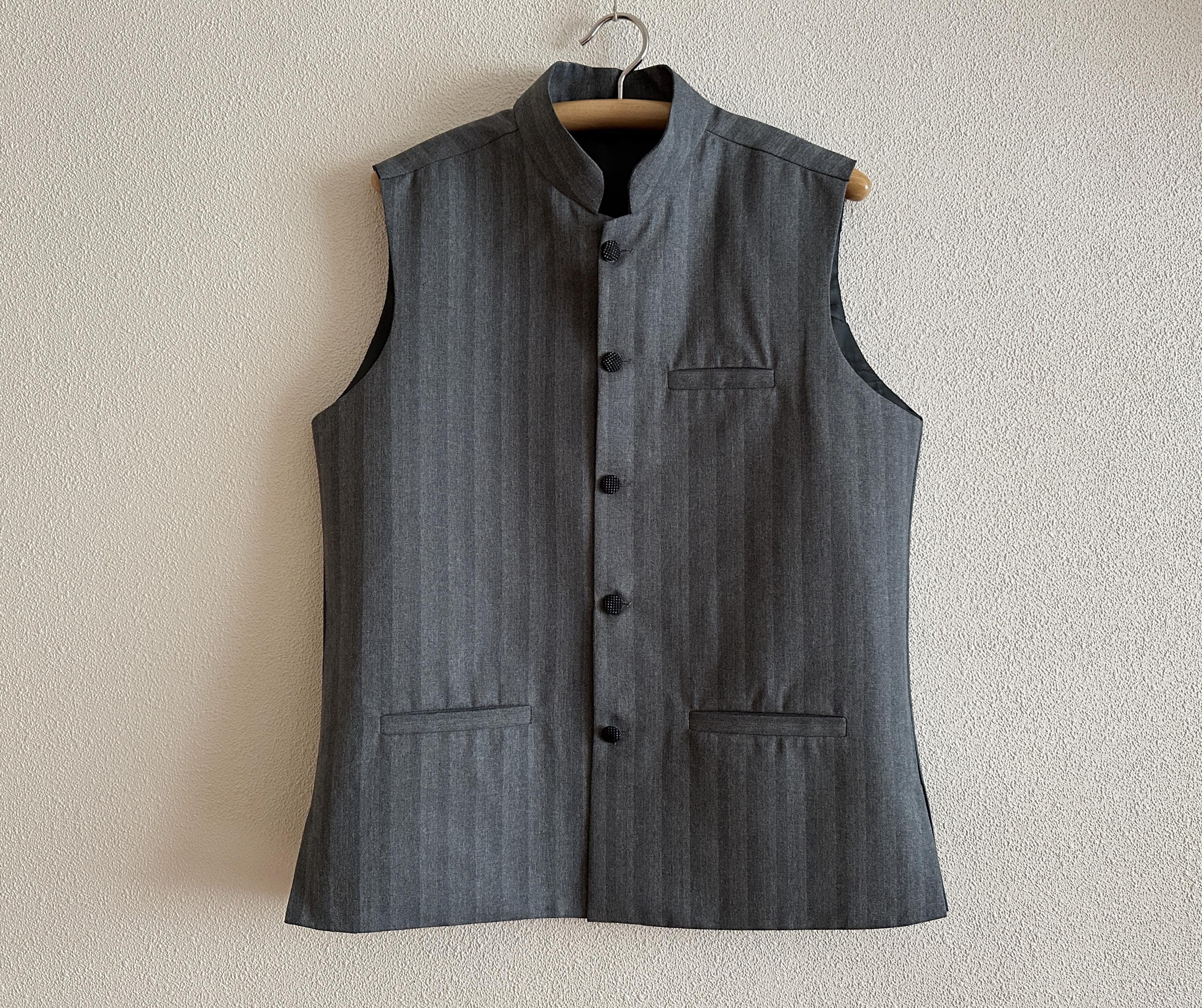 Grey Handwoven wool hot nehru jacket ,Nehru wool Vest, Mandarin collar wool vest