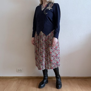 Vintage Suit Two Piece Skirt Suit Dark Blue Flower Accordion Pleated Skirt and Jacket Medium  Size