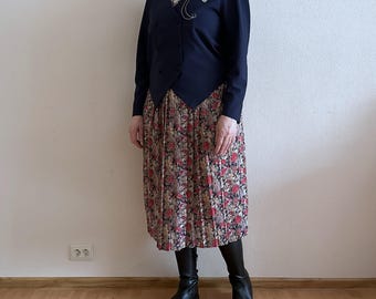 Vintage Suit Two Piece Skirt Suit Dark Blue Flower Accordion Pleated Skirt and Jacket Medium  Size