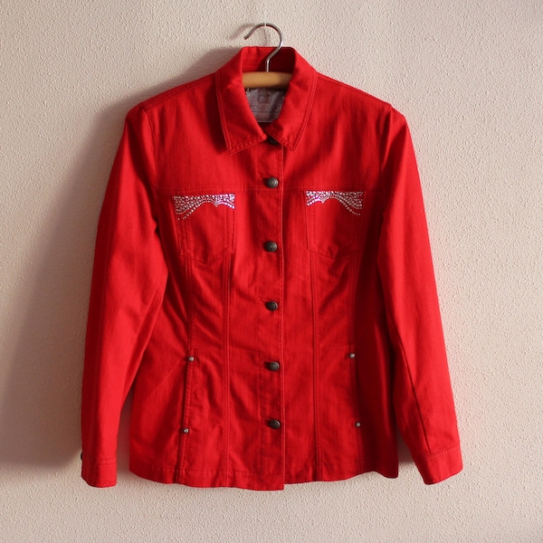 Veste Rouge Femme Veste Denim Veste Cloutée Jean Blazer Manches Longues Rockabilly Western Taille Moyenne