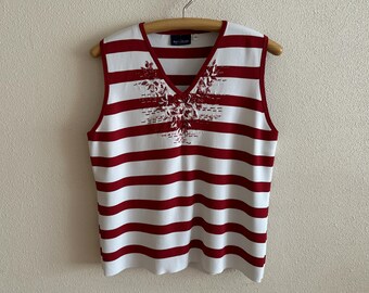 Vintage gestreiftes ärmelloses Top XL Rot & Weiß Strick Tank mit Floral Perlen Stickerei V Ausschnitt Sommer Top Y2K Style