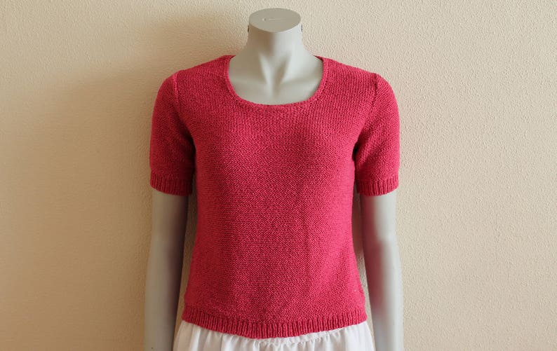 Pink Sweater Summer Pullover Pink Fucsia Knit Sweater Knitted Slouchy Pullover Romantic Cardigan Short Sleeve Blouse Top Cotton Blend Medium