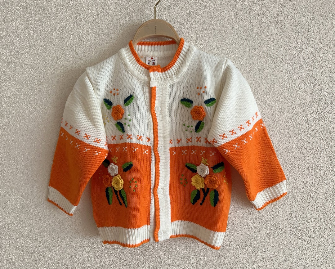 Vintage Cardigan Knit Girls Sweater Knitted Pullover Orange White
