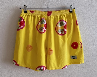 Vintage 90s Yellow Fruit Print Swim Shorts Mesh Lined Summer Trunks Elastic Waist Retro Graphic Swimwear