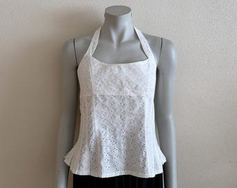 Vintage White Cotton Corset Top Eyelet Halter Top Lace Up Back Bustier Cottagecore Summer Top Y2K White Halter Blouse