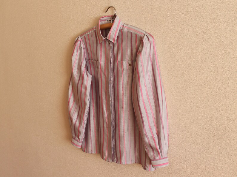 Vintage Blouse Women Blouse Striped Women Blouse Long Sleeve Top Button Up Shirt Gray Pink Striped Sweetheart Secretary