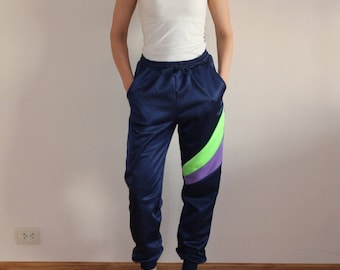 Blaue Retro Damen Sportbekleidung Hohe Taille Lange Hosen Herren Sportliche Hose Athletisch Hip-Hop Jogger Unisex Mittlere Größe