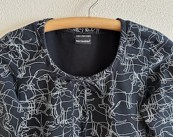 MARIMEKKO Top Mika Piirainen  Black Gray Dogs Print Shirt 3/4 Sleeve T-Shirt Cotton Jersey Blouse Scandinavian Shirt Medium Size