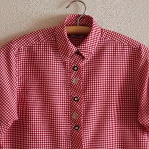 Gingham Plaid Shirt Women Dirndl Blouse Loden Shirt Red White Checkered German Trachten Austrian Alpen Oktoberfest Peasant Bavarian Folk