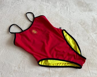 Vintage Wende Badeanzug Rot & Neon Gelb Ein Stück High Cut 90er Jahre Badeanzug Minimalist Retro Badeanzug Y2K Bademode
