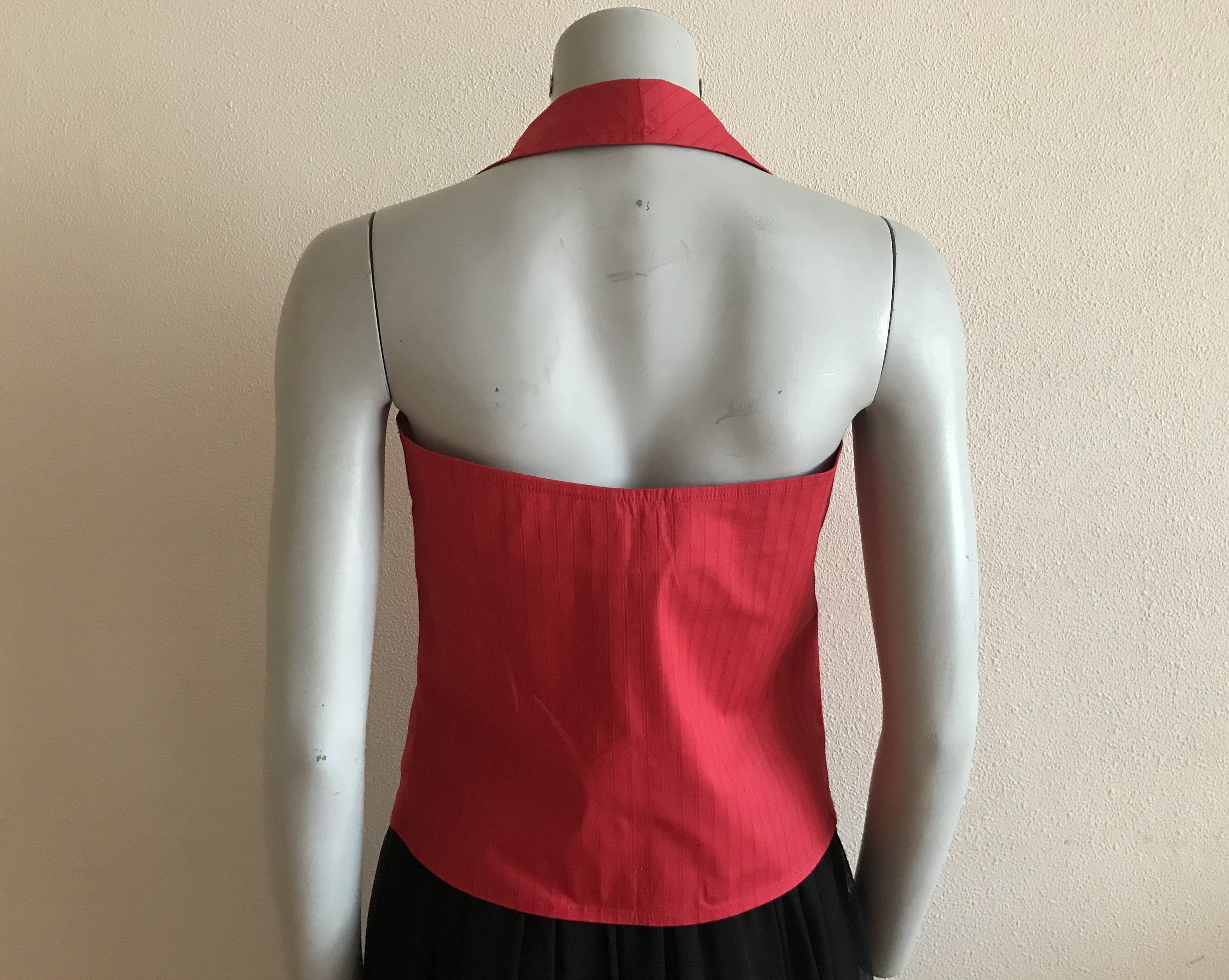 red open back shirt