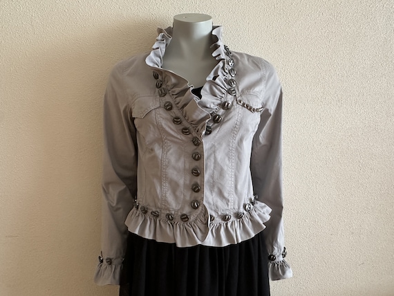 Vintage Jacket Ruffle Trim Women Jacket Grey Blazer Summer Cotton Ladies Blazer