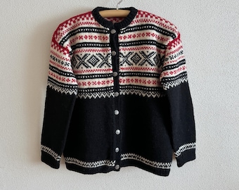 Hand-Knitted Norwegian Wool Cardigan Vintage Fair Isle Nordic Sweater Traditional Scandinavian Button-Up Jumper Red Black White Sweater