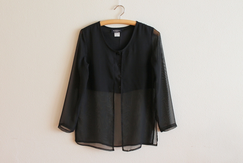Black Blouse Women Blouse Sheer Black Chiffon Women/'s Blouse Long Sleeve Shirts Silky Romantic Top Button up