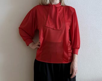 Vintage Rote Sekretär Bluse 80er Jahre Fliege Ausschnitt Sheer Langarm Top Retro Büro Bluse Elegant Leicht Chiffon Stil Shirt