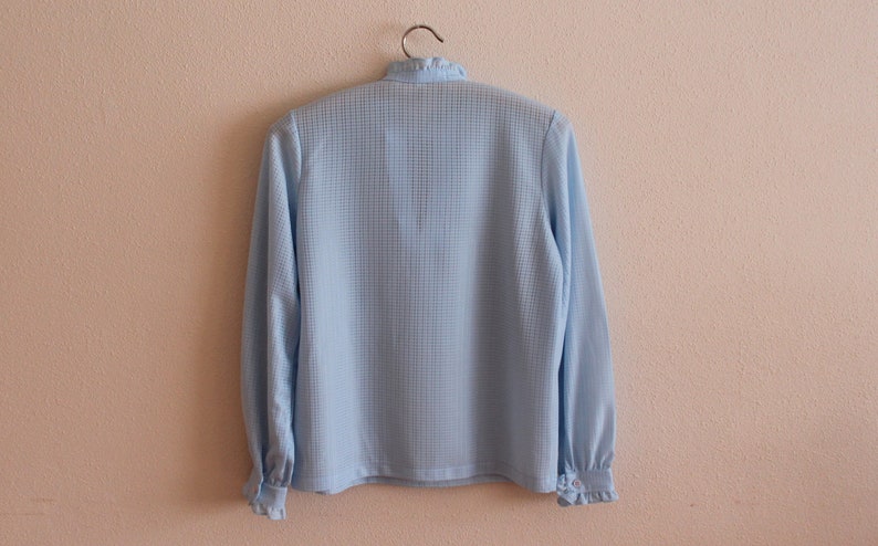 Vintage Blouse Blue Women Blouse Women/'s Shirt Long Sleeve Shirt Office Secretary Top Tie Neck Pussy Bow Blouse Back to School