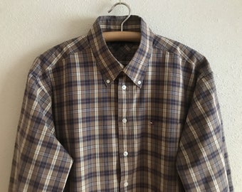 Tommy Hilfiger Shirt Karo Braun Baumwolle Karo Shirt Herren Button up Shirt Langarm Kleid up Cowboy Western Shirt Extra Groß