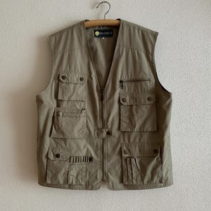Men&#39;s Vest Cargo Style Vest Beige Cotton Blend Gentlemen&#39;s Waistcoat Fisherman Hunter Vest Multi Pocket Zip up