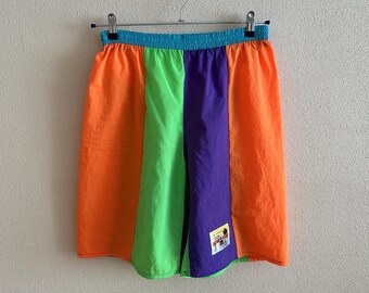 Vintage 80s 90s Colorblock Swim Shorts Kleim Club Palm Beach Neon Orange Green Purple Trunks 100% Polyamide Mesh Lined