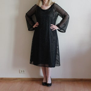 Collection Philip Vintage Dress 1980s Dress Black Mesh Sheer Dress Long Sleeves Midi Dress with Metallic Silver Shine Made in Sweden Large