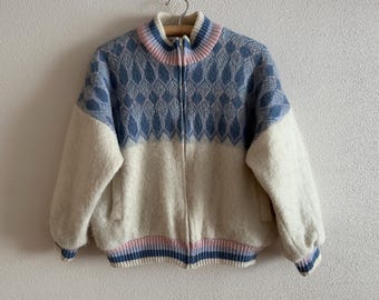 Vintage Álafoss Icewool Icelandic Wool Jacket Blue & Cream Fair Isle Zip Cardigan Pure New Wool Lopi Sweater Made in Iceland (M)