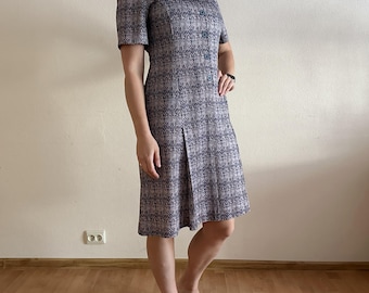 Vintage Dress 1980s Dress Brown Gray Dress Short Sleeves Dress Abstract Print Button up A-Line Midi Dress Secretary Dress