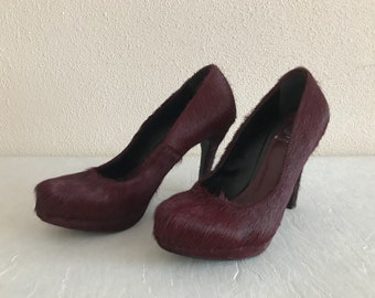 Fur Shoes Lavorazione Artigiana Women Shoes Burgundy Fur Vintage Shoes 90s Pumps Party Women's Shoes