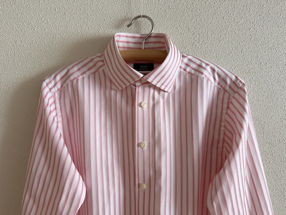 men's pink and white striped dress shirt Comfort Stretch Non-Iron Stripe Dress Shirt With Contrast Trim - Pink