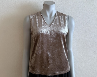 Vintage Top Beige Velvet Women Top Shiny Velvet Sleeveless Top Jersey Blouse Lace up Back Top