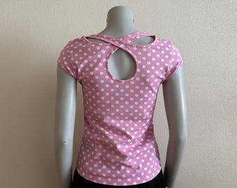 MARIMEKKO Top Polka Dot Mika Piirainen Design Shirt Short Sleeve Pink White Women Cotton Jersey Blouse Medium Size