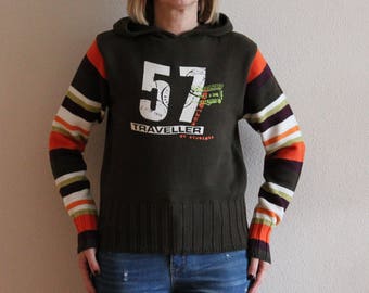 Hooded Sweater Cotton Pullover Knit Sweater Long Sleeve Jumper Olive Green Orange White Striped Hood Pullover Vintage Knitted Medium Size