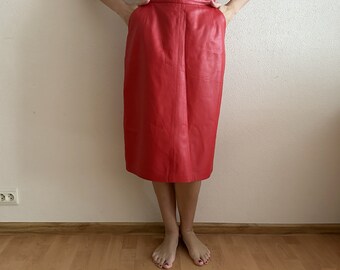 Vintage Leder Bleistiftrock Roter Lederrock Hohe Taille Rückenschlitz